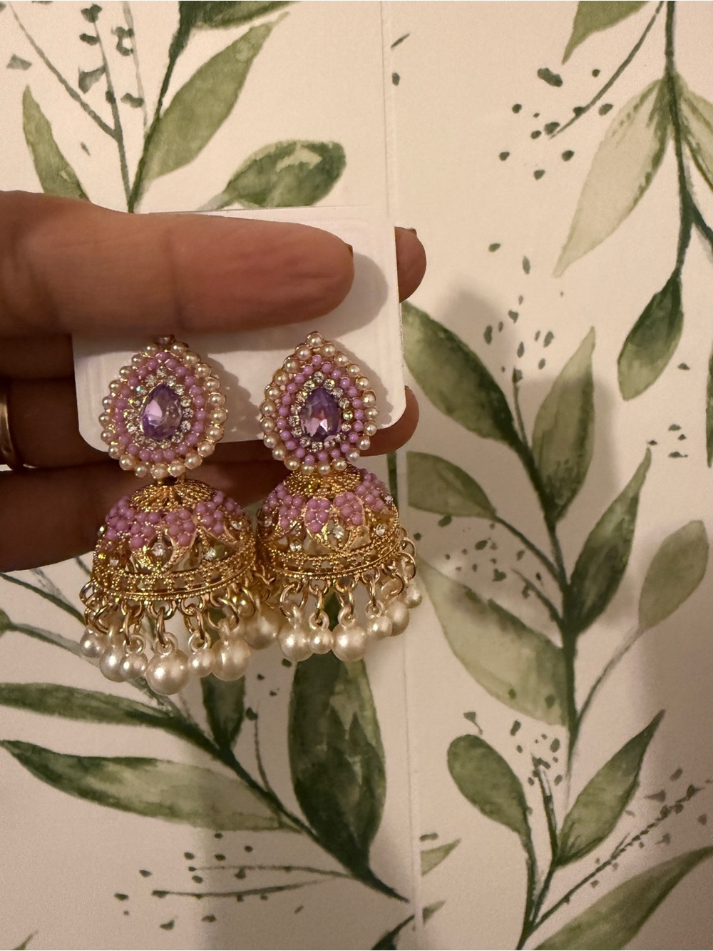 Gold and Pink Pearl Jhumka Earrings with Purple Stone